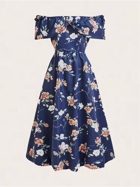 SHEIN Navy Off-Shoulder Floral Midi Dress